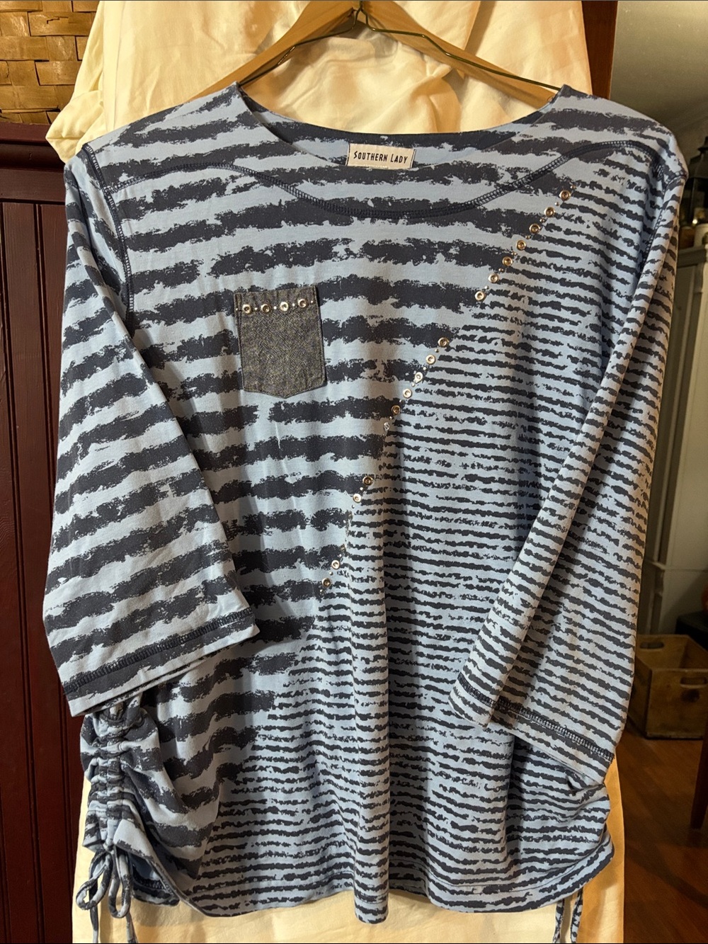 Southern Lady Navy Blue and Light Blue Striped 3/4 Sleeve Top w/ metalDetail